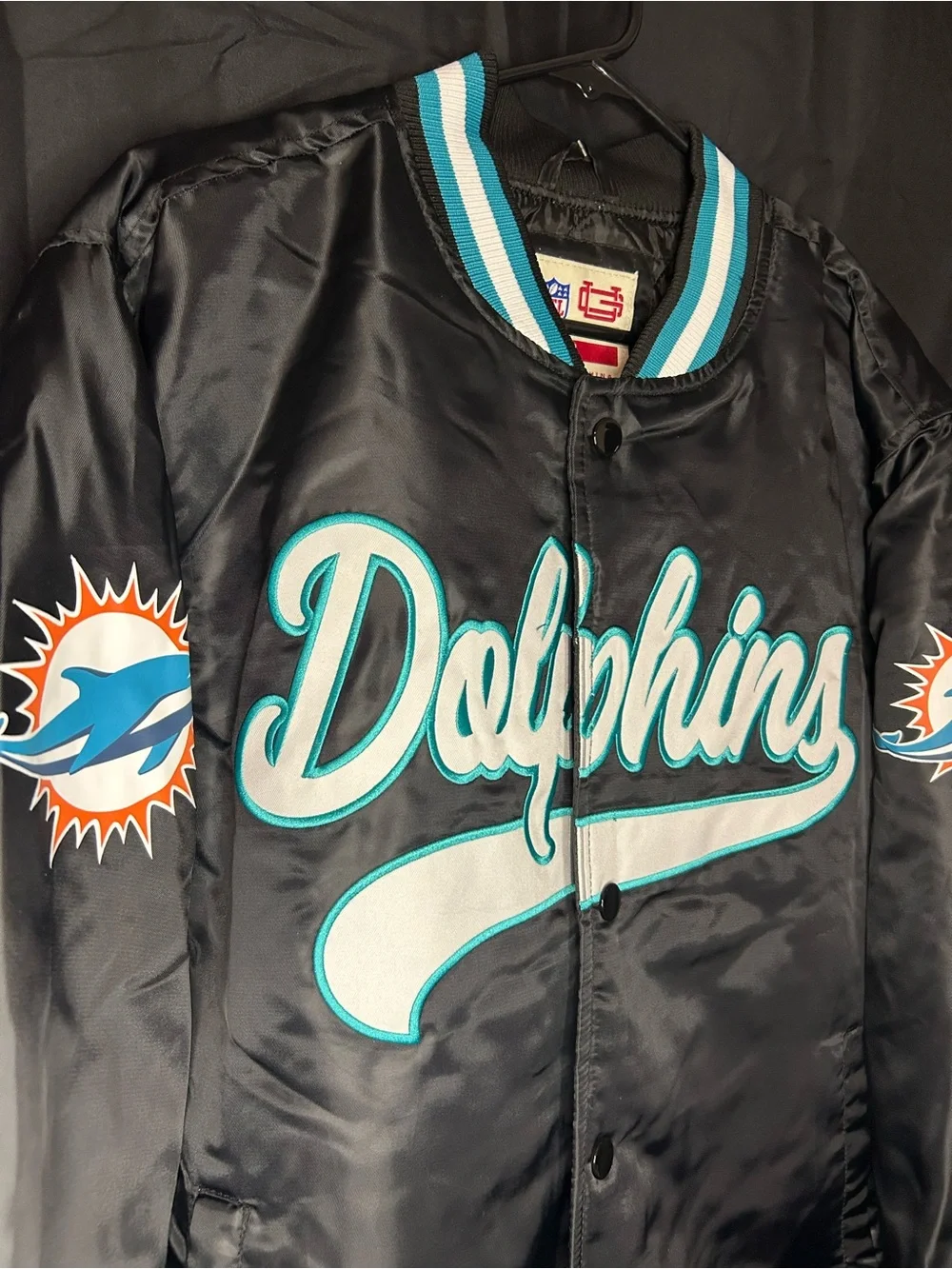 NFL Miami Dolphins Black Satin Jacket with Teal & White Script
